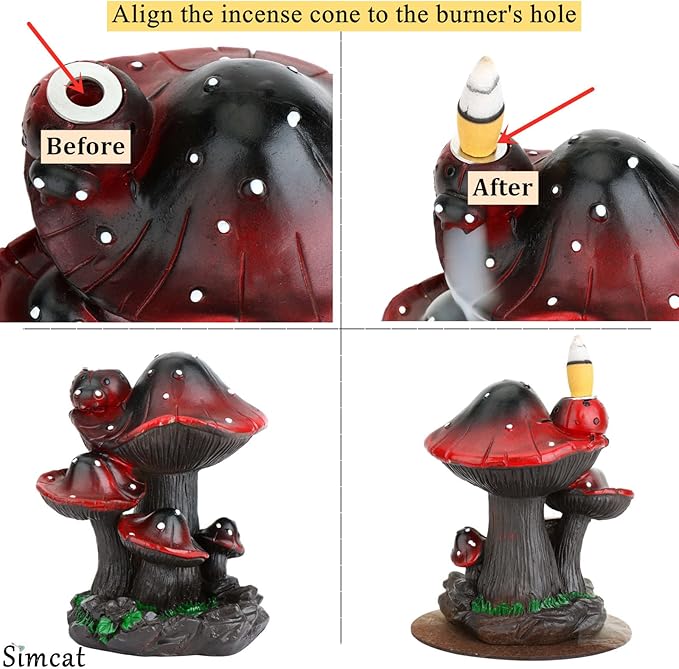 Simcat Backflow Incense Burner Holder Mushroom Handicraft Decor Resin Reverse Flow Incense Burner Censer Cone Incense Waterfall Burner + 20 Backflow Incense Cones 30 Incense Sticks 1 Tweezer 1 Mat