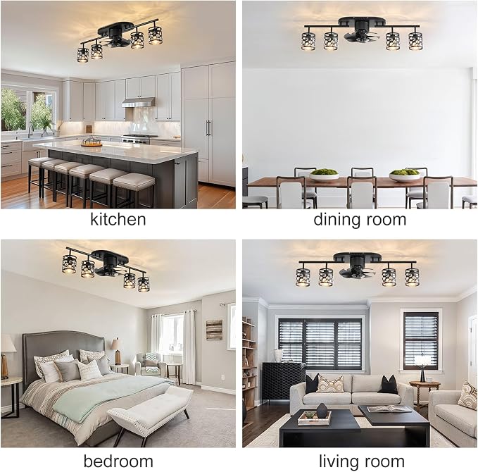 Garwarm Ceiling Fans with Lights and Remote,39.3" Kitchen Ceiling Fan,360° Rotatable Lampheads Bladeless Black Fandelier Flush Mount Ceiling Fans for Bedroom Dining Room Living Room（6 Speed, Timing）