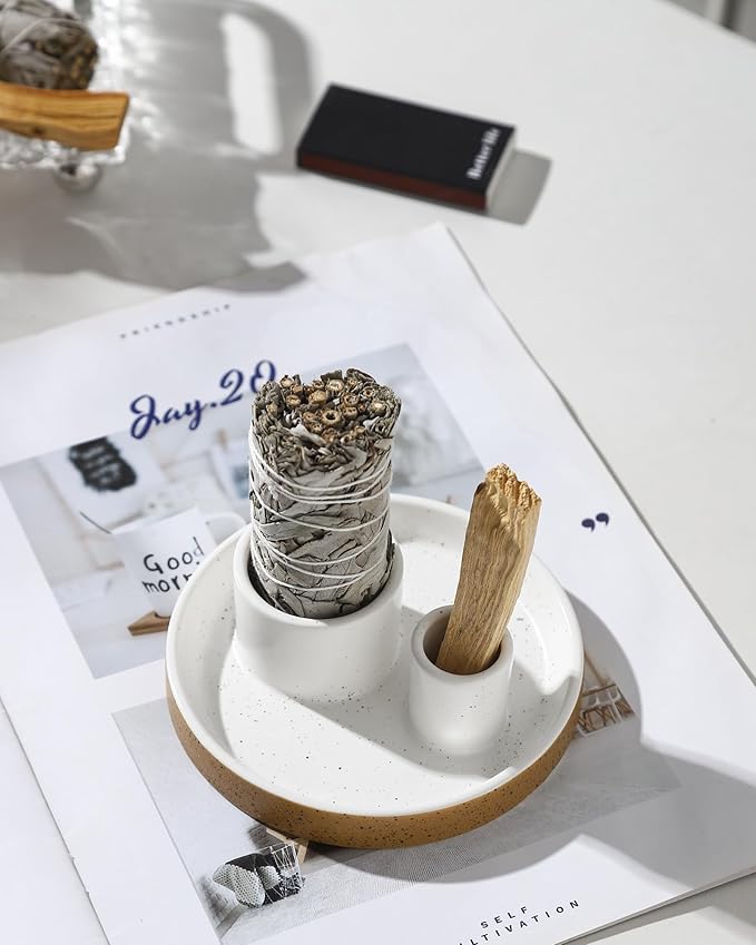 Ceramic Smudge Tray, 2 in 1 Smudging Bowl, Sage Holder, Palo Santo Holder, Incense Holder for Sage and palo Santo, Ideal for Smudging Meditation Yoga Room, Simple, Sturdy, Terracotta