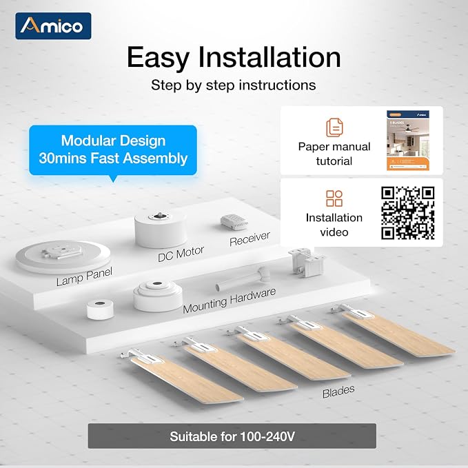 Amico Ceiling Fans with Lights, 52 inch Smart Ceiling Fan with Remote/APP/Alexa Control, Downrod Mount, Reversible DC Motor, 5 Blades, 6 Speeds, 3CCT, Dimmable, Noiseless, Bedroom, Living Room, White