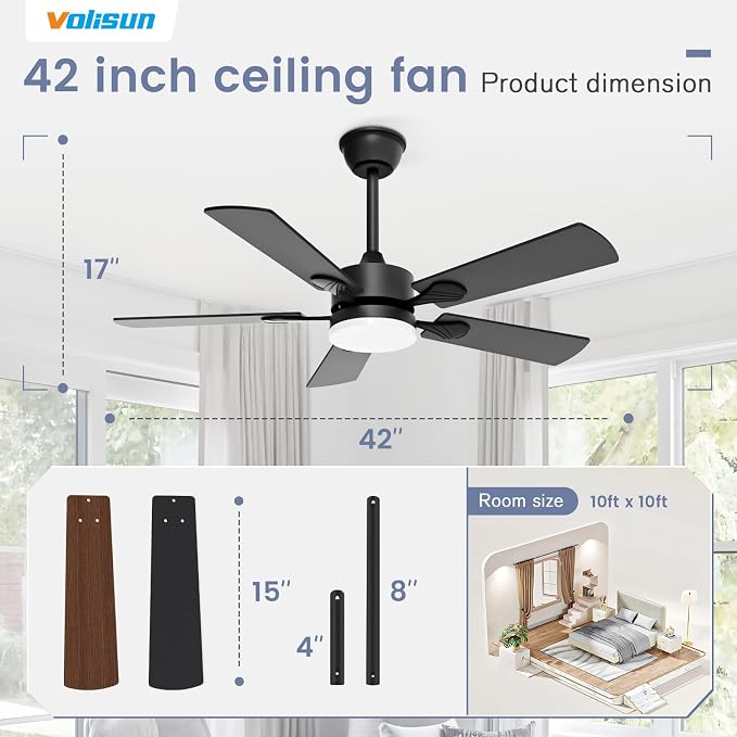 VOLISUN Ceiling Fan with Light, 42 inch Flush Mount Ceiling Fan with Lights and Remote, Dimmable LED Fan Light, Low Profile Ceiling Fan, Black Modern Ceiling Fan for Bedroom, Indoor/Outdoor