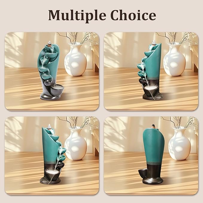 YYW Backflow Incense Burner Holder Handmade Statue Decor Fountain Waterfall Incense Holder with 20 Backflow Incense Cones 30 Incense Sticks 1 Tweezer 1 Mat for Indoor Meditation Yoga (Green)