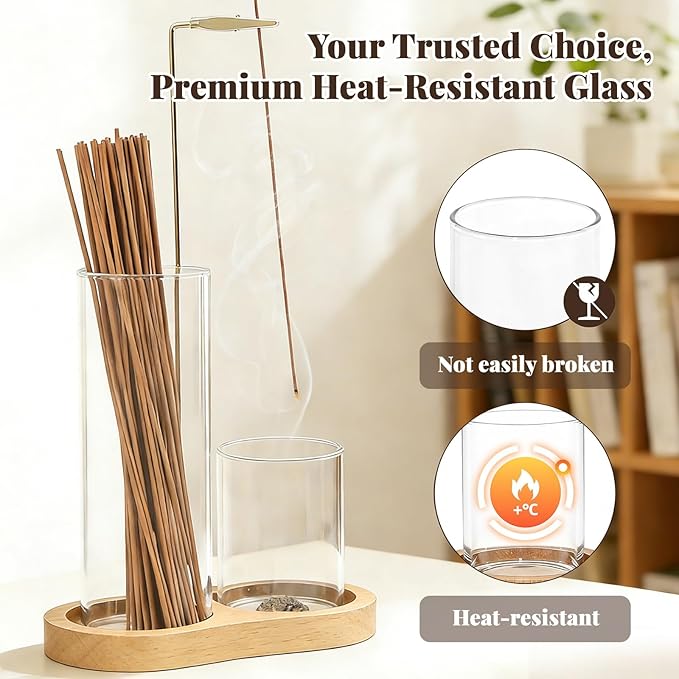 2-in-1 Glass Incense Holder with Ash Collector and Incense Stick Storage Upside Down Hanging Incense Holder, Anti-Splashing Design, Perfect for Meditation, Yoga, Spa, and Home Decoration
