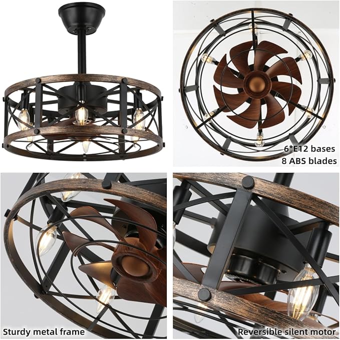 SHLUCE 19" Farmhouse Fandelier Ceiling Fan with Light, Caged Bladeless Ceiling Fans with Lights and Remote, Modern Small Enclosed Ceiling Fans with Lights for Living Room, Bedroom, Black - ETL