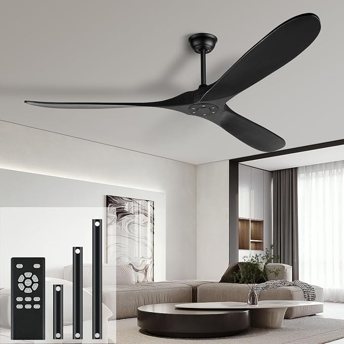heimo 72 Inch Black Ceiling Fan No Light，Wood Indoor Outdoor Ceiling Fan Without Lights for Patios Living Room Gazebo Modern Big Exter Large Exterior Fans with Long Downrod