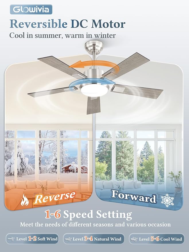 42 Inch Ceiling Fans with Lights and Remote&APP Control, Brushed Nickel Smart Ceiling Fan with 3000-6000K Dimmable, 6 Speeds Reversible, Indoor/Outdoor Ceiling Fan for Bedroom Living Room