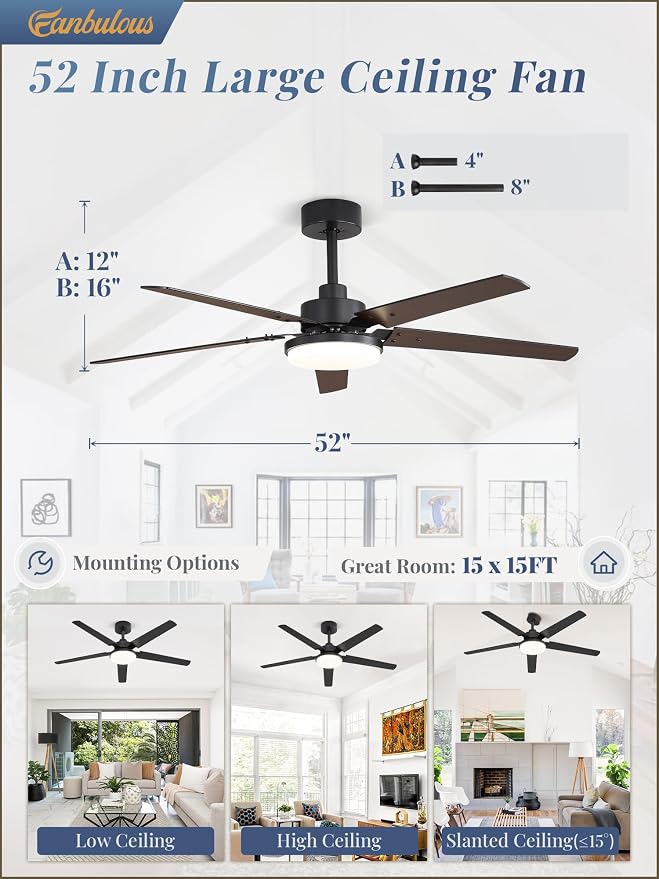 Fanbulous 52 inch Large Ceiling Fans with Lights and Remote, 27 W LED light | Outdoor Black Ceiling Fan with 5 Blades, 3 CCT, 6 Speed Reversible Quiet DC Motor, Modern Ceiling Fan for Living Room Patio