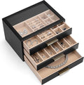 VLANDO Jewelry Box for Women, 3-Layer Jewelry Organizer with Drawers, Glass Lid Display Jewelry Storage, Soft PU Leather Exterior, Contrast Gold Metal Handles, Refined Style - Black
