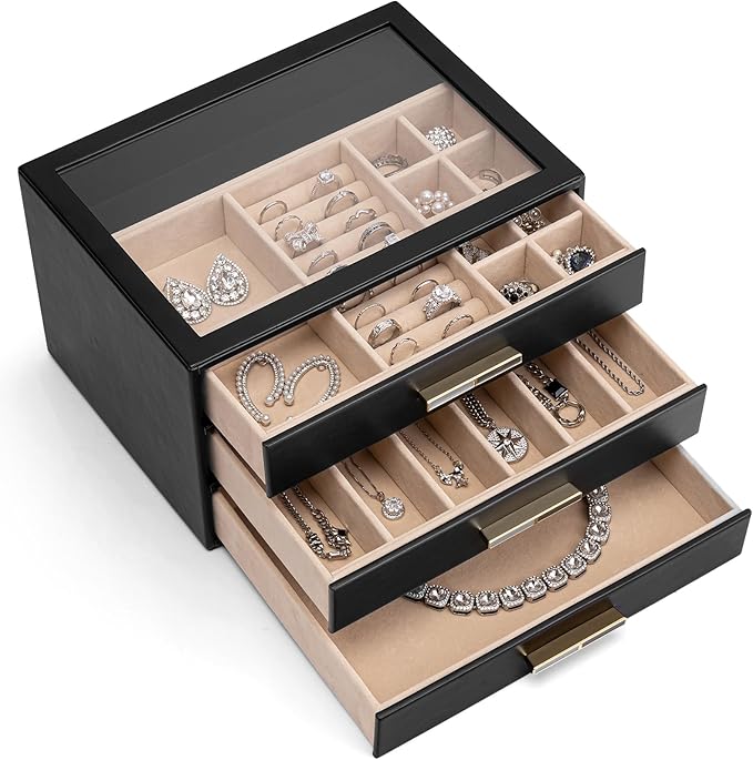 VLANDO Jewelry Box for Women, 3-Layer Jewelry Organizer with Drawers, Glass Lid Display Jewelry Storage, Soft PU Leather Exterior, Contrast Gold Metal Handles, Refined Style - Black
