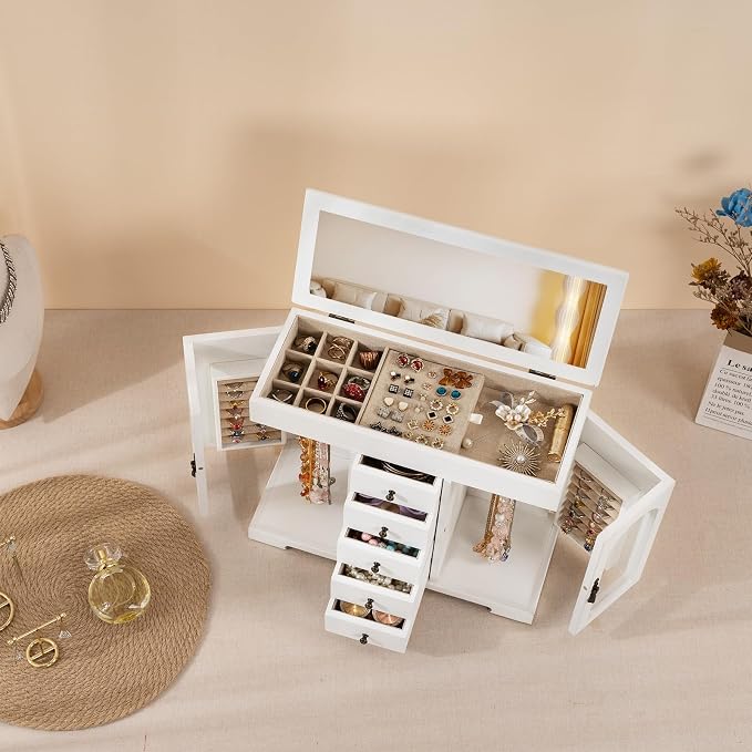 Miratino Jewelry Box for Women Girls, Wooden Jewelry Organizer Box with Mirror, 5 Layer Jewelry Storage Case Display for Necklaces Earrings Rings Bracelets Valentine's Day Gifts