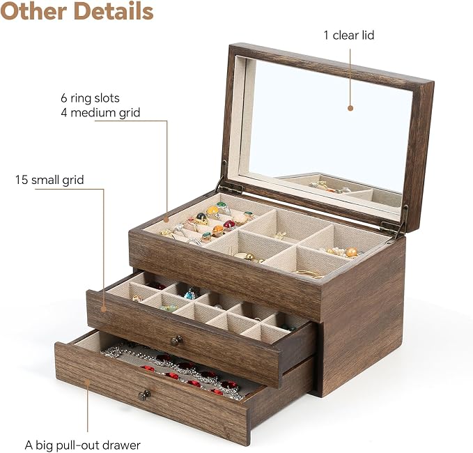 Meangood Jewelry Box Organizer for Women, 3 Layer Large Jewelry Storage Case, Rustic Wooden Jewelry Box with Mirror & Ring Tray for Necklace Earring Bracelets Rings, Vintage Style (Walnut)