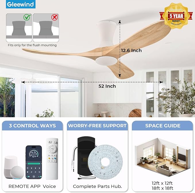 52 inch Smart Flush Mount Ceiling Fans with Lights, Low Profile Ceiling Fan with WIFI Alexa and App Remote Control, Quiet DC Motor, 3 Blades Wood Modern fan for Indoor Outdoor Bedroom Patio, Nature