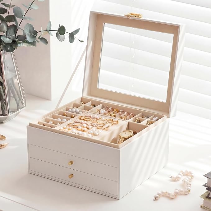 Jewelry Box - 3 Layer Jewelry Organizers and Storage with Clear Lid & 2 Drawers,Jewelry Boxes for Women, Watch Necklace Ring Earring Storage Gift Case, Cloud White | Jewelry Boxes For Women – Velvet Lining, Tangle-Free Storage – Watch, Bracelet, Ring, ...