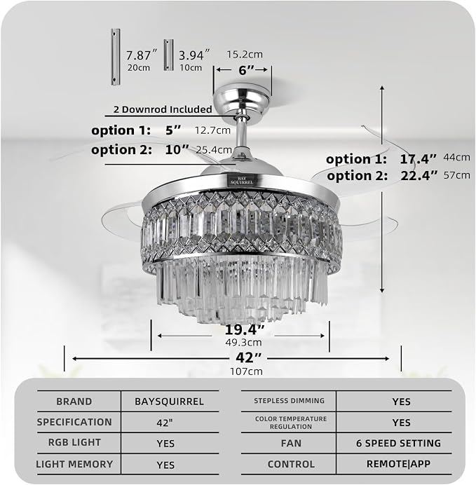 Retractable Crystal Ceiling Fan with Lights, Bluetooth Ceiling Fan with Speaker, 6-Speed Reversible Blades, RGB-LED Light, Remote & APP Control Crystal Chandelier for Bedroom Living Room 42"
