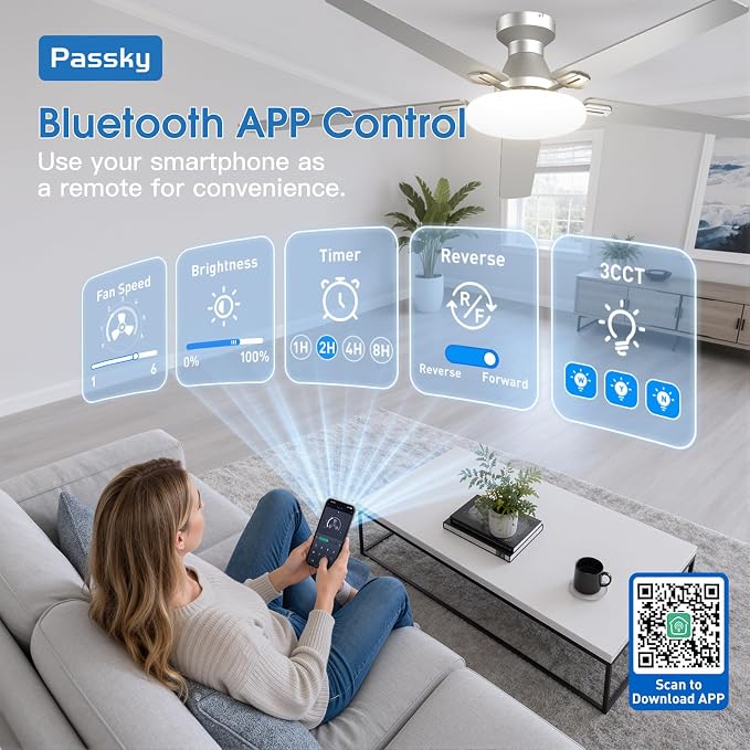 Passky Ceiling Fans with Lights, 60 inch Flush Mount Ceiling fan with Remote Control, Low Profile Ceiling Fan for Bedroom, Farmhouse, Reversible, 3CCT, Dimmable, Noiseless DC Motor, Silver