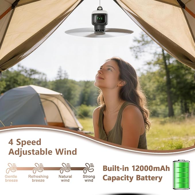 18 inch Portable Ceiling Fan with Light & Remote, 12000mAh Battery Powered Rechargeable Tent Fan, Outdoor Ceiling Camping Fans Light with Hanging Hook for Canopy Gazebo Patio RV Travel Fishing