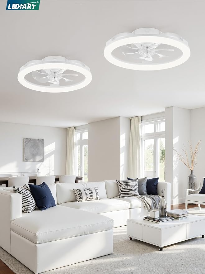 LEDIARY 2 Pack 20 Inch Low Profile Ceiling Fans with Lights and Remote, Dimmable Modern Fan Light(3000K-6000K), 6 Speed, Reversible, APP & Remote Control, Flush Mount Ceiling Fan for Bedroom, White