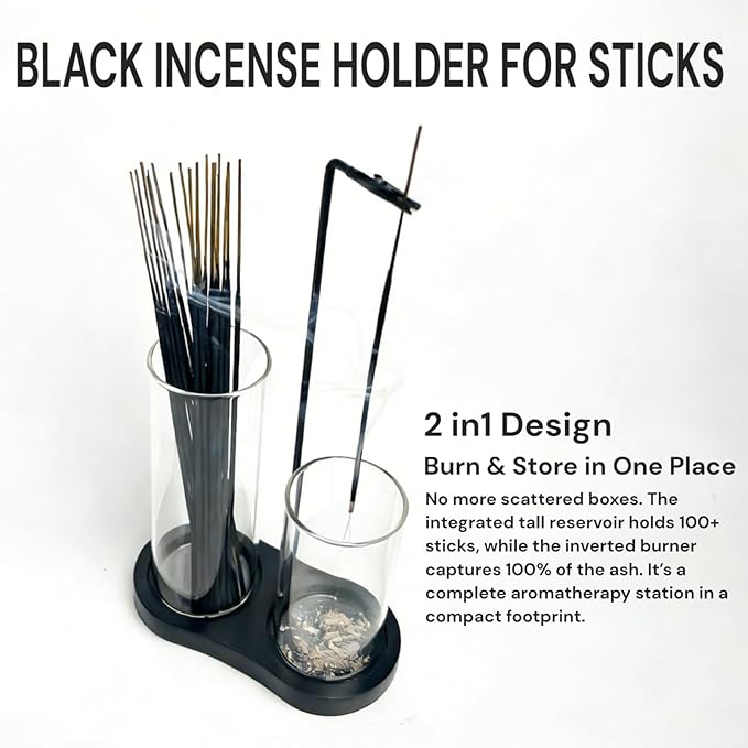 2 in 1 Black Incense Holder for Sticks with Glass Ash Catcher, Anti-Ash Incense Burner for Yoga Meditation Spa, Sleek Minimalist Decor & Incense Holder for Men, Includes Ash Brush
