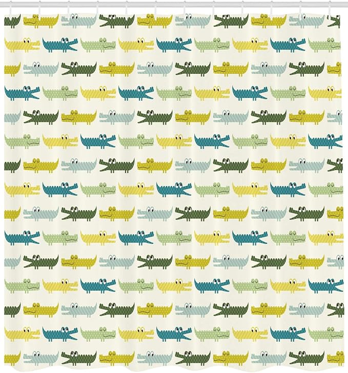 Ambesonne Animal Shower Curtain, Crocodile Characters in Cartoon Style Funny Faces Animal Alligators, Cloth Fabric Bathroom Decor Set with Hooks, 69" W x 70" L, Yellow Green Teal