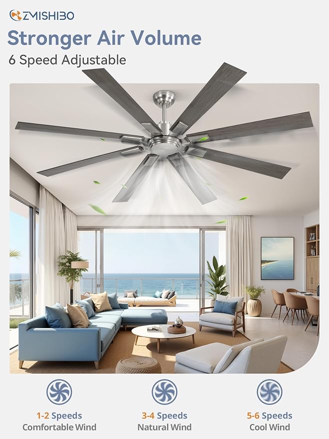 72 Inch Brushed Nickel Modern Ceiling Fan No Light with Remote, Outdoor Ceiling Fans Without Light with Quiet Reversible DC Motor, 6 Speeds, 8 Blades Large Ceiling Fan for Patios, Living Room, Garage