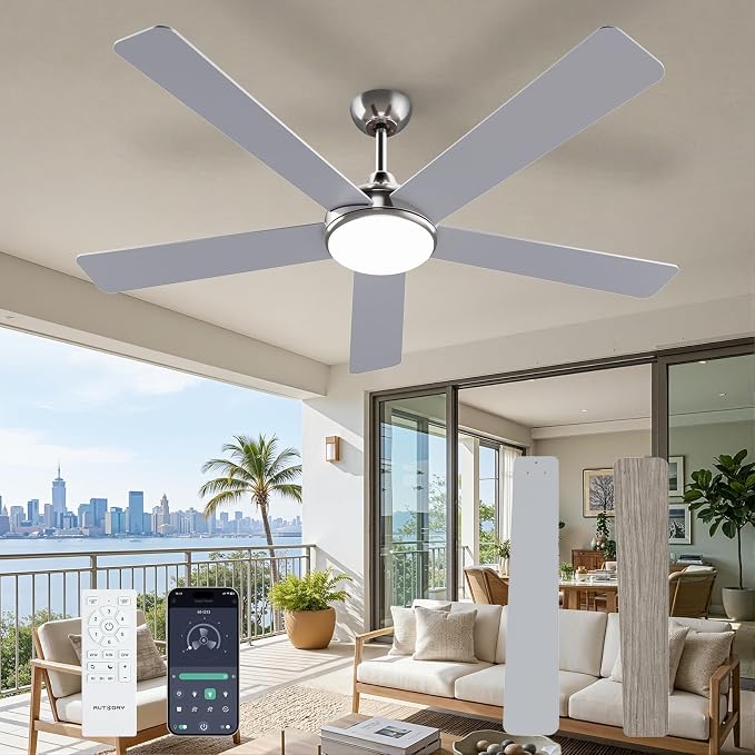 60 Inch Ceiling Fans with Lights and Remote/App Control: Brushed Nicel Ceiling Fan with Light, Quiet DC Motor, Dimmable Tri-Color LED, Modern Ceiling Fan for Bedroom/Patio, Indoor/Outdoor