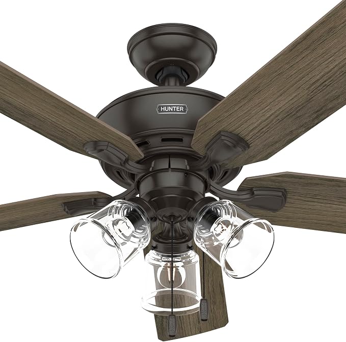 Hunter Rosner, Indoor, Ceiling Fan, Standard Mount, 52 inch, Noble Bronze | with LED Lights and Pull Chain, 5 Blades, For Bedroom, Living Room, Kitchen, 3 inch Downrod, 52345