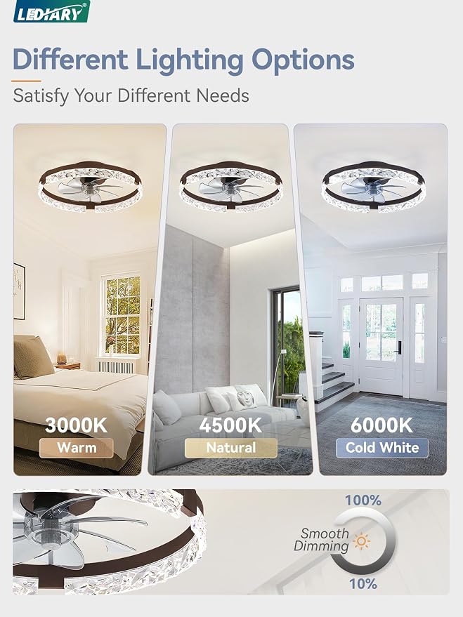 LEDIARY 20 Inch Low Profile Ceiling Fans with Lights and Remote, Fandelier Ceiling Fan Flush Mount, 3000K-6000K Dimmable LED Fan Light, Brown Modern Ceiling Fans with Lights for Bedroom