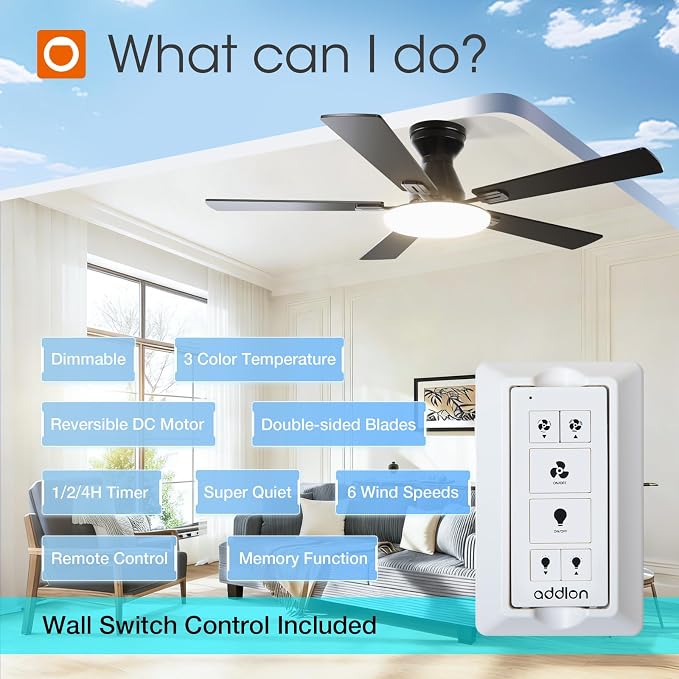 addlon Ceiling Fans with Lights, 52 inch Flush Mount Ceiling fan with Remote Control, Wall Remote, Reversible, 3CCT, Dimmable, Noiseless DC Motor, Black Low Profile Ceiling Fan for Bedroom, Farmhouse