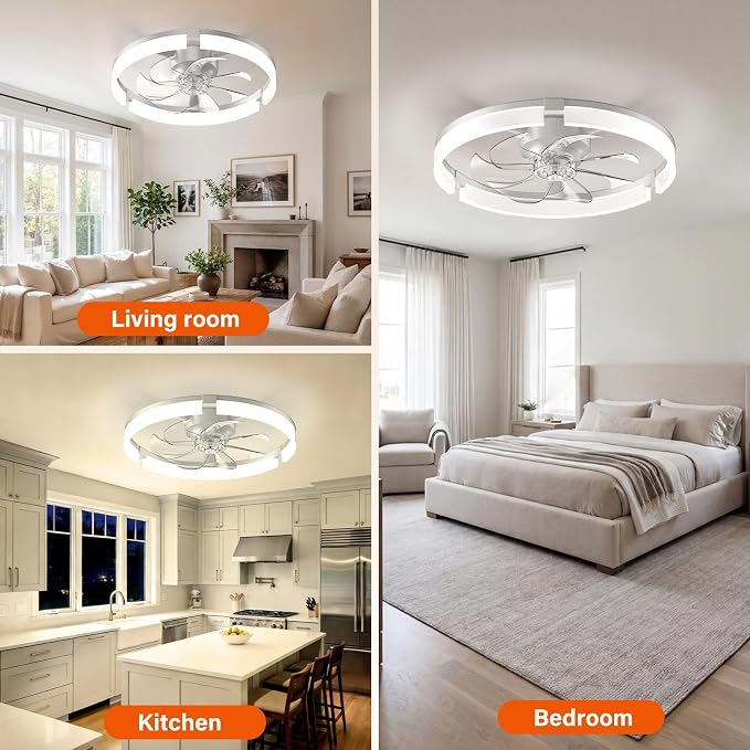Ceiling Fans with Lights and Remote, 20'' Low Profile Ceiling Fan with APP Control, 3000K-6500K Dimmable, Quiet Reversible DC, Modern Flush Mount Fandelier for Bedroom (White-Frosted)
