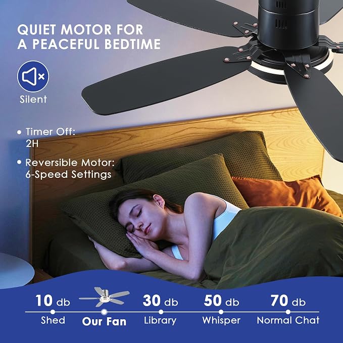Hounberi 50 Inch Black Ceiling Fans with Lights and Remote, Modern Flush Mount Low Profile Ceiling Fan, 3CCT, Dimmable, Quiet DC Reversible Motor, for Bedroom Living Room Indoor/Outdoor Use