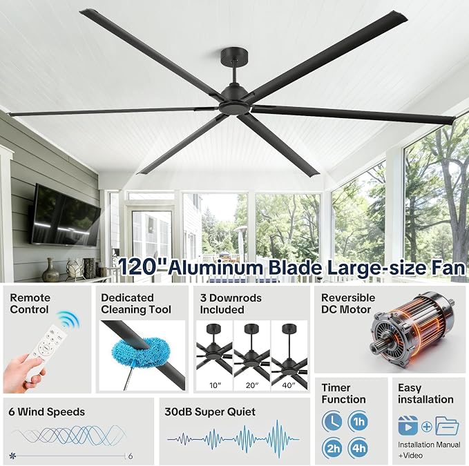 120 Inch Extra Large Ceiling Fan,HVLS Industrial Ceiling Fan with DC Reversible Motor,6 Speed Black Commercial Fan,High CFM, 6 Aluminum Blades,Timer,3 Downrods for Garage/Shop/Warehouse/Gym/Barn