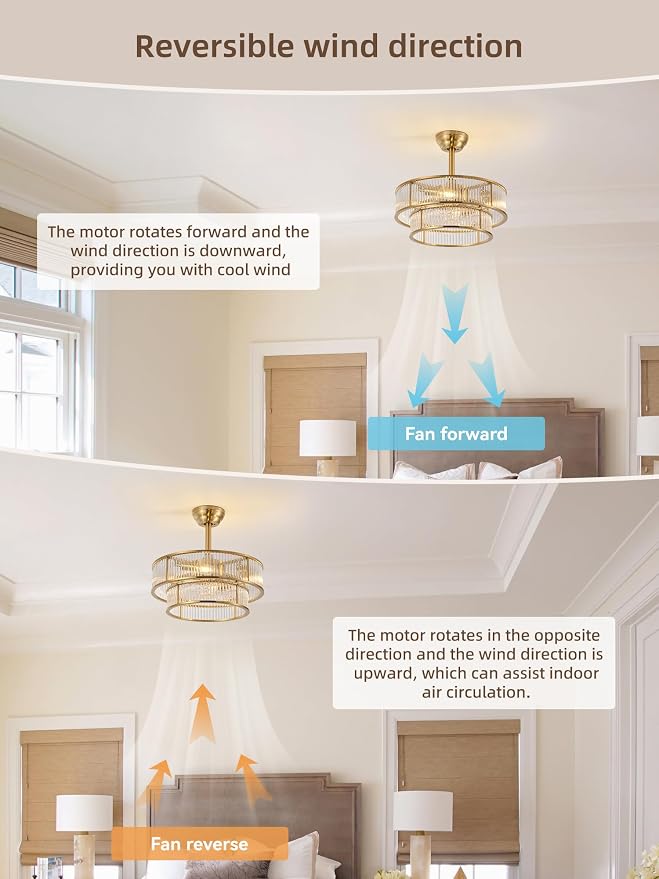 Copper Fandelier Ceiling Fans with Lights, 20" Copper Crystal Chandelier Ceiling Fan with Light Remote Control, Caged Mid Century with 6 Speeds for Bedroom, Living Room, Nursery
