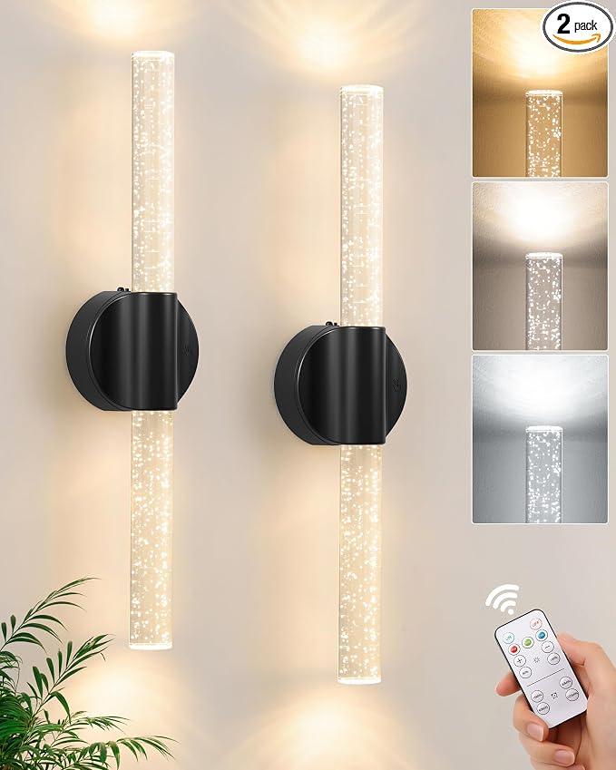 Peel and Stick on Black Battery Operated Wall Sconces Set of 2, Rechargeable Magnetic Wireless Wall Lights for Bedroom, Long Picture Vanity Wall Lamps with Remote&Touch Control, 3CCT&Dimmable Sconces