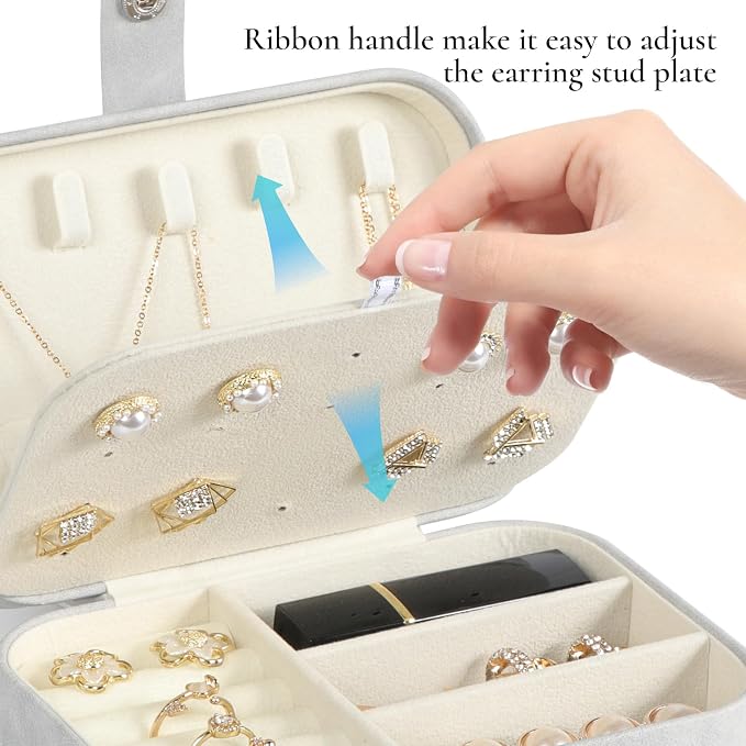 Hatori Travel Jewelry Box, PU Leather Small Jewelry Organizer for Women Girls, Double Layer Portable Mini Travel Case Display Storage Holder Boxes for Stud Earrings, Rings (Grey)