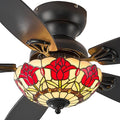 Tiffany Ceiling Fans with Lights - 48" Ceiling Fan Chandelier with 5 Dual-Blades and Glass Shade, 6 Speeds and Reversible, Indoor and Outdoor, Retro Style
