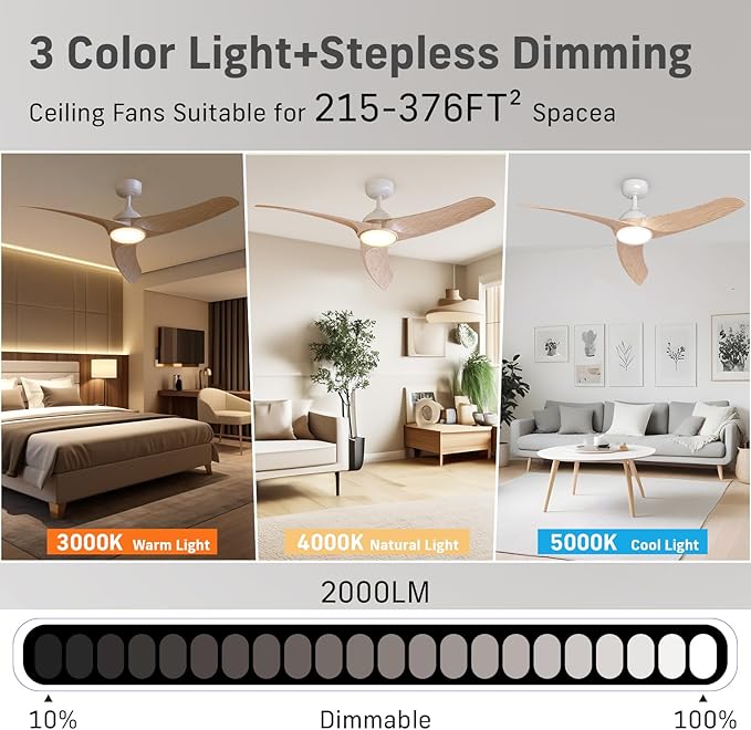 Ceiling Fans with Lights, 56 inch Low Profile Ceiling Fan with Light and Remote Control, Flush Mount, 3CCT, Dimmable, Quiet Reversible Motor, Modern Ceiling Fan for Bedroom Indoor/Outdoor Use