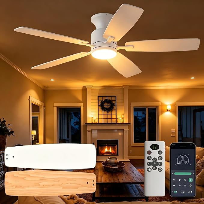 KNUN 52 Inch Flush Mount White Ceiling Fan with Light, Remote Control Ceiling Fan with Light, 6‑Speed Reversible Ceiling Fans with Lights, Quiet DC Motor 3CCT Dimmable Ceiling Fan for Indoor