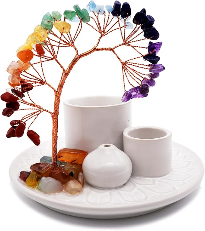 5 in 1 Incense Burner Holder with Crystal Healing Tree, Palo Santo Holder, Sage Holder, Incense Holder for Sticks/Cones/Candles, Ceramic Tray Ash Catcher for Burning Incense, Meditation Gift (White)