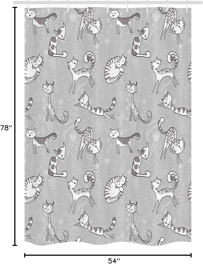 Ambesonne Grey Stall Shower Curtain, Cats Posing Over Floral Background Feline Kitten Kitty Cartoon Art Prints, Fabric Bathroom Decor Set with Hooks, 54" W x 78" L, White