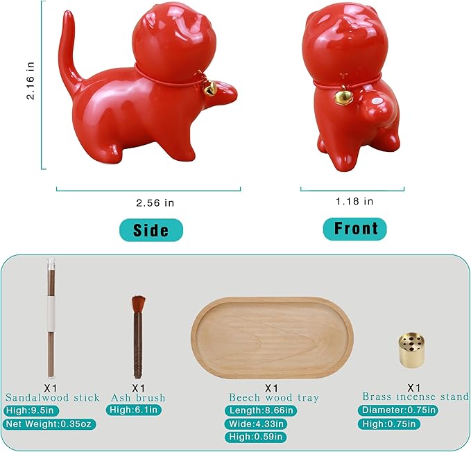 Cute Ceramic Cat Incense Stick Holder, Incense Burner Set, Large Beechwood Ash Catcher Copper Incense Stand Incense Sticks Brush, Meditation Yoga Massage Work Read Home Decor (A, C-Red)