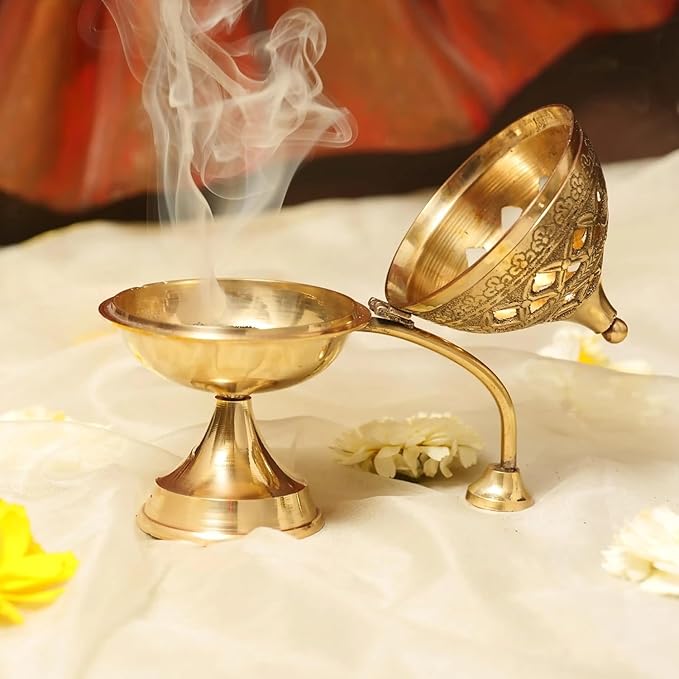 Brass Dhoop Dani with Handle for Puja | Traditional Brass Incense Burner with Dome Lid | Decorative Dhoop Holder for Temple, Home & Spiritual Use | (4x4)