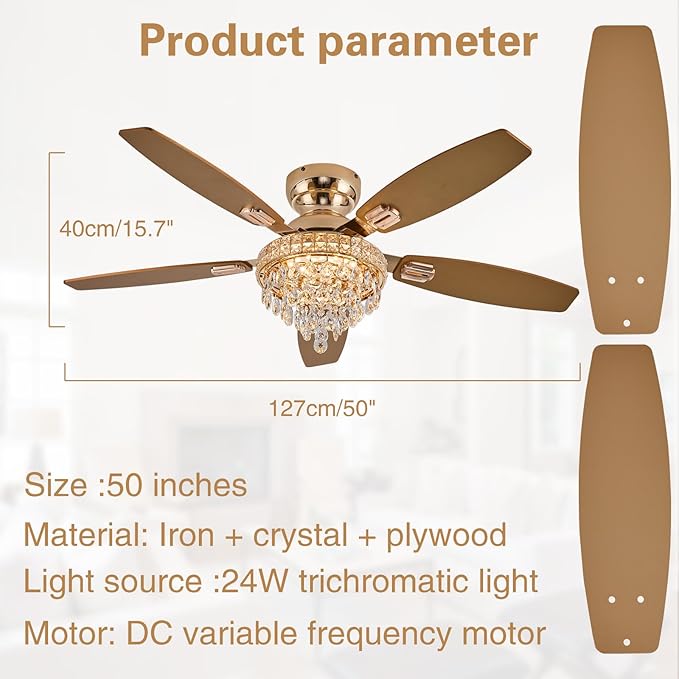 Crystal Ceiling Fan Fandelier with Lights-Ceiling Fans with Lights,50" Low Profile and Remote Control, Flush Mount, Reversible, Dimmable, Noiseless,Gold Ceiling Fan for Bedroom