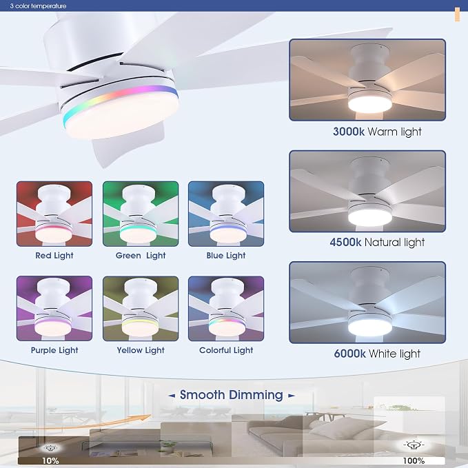Wiviniya Ceiling Fans with RGB Lights Remote/APP Control, 41 inch Flush Mount Ceiling Fan, 3 CCT LED Dimmable White Lights + RGB Ring Lights, 5 Reversible Plastic Blades 6 Speeds for Kidsroom, White