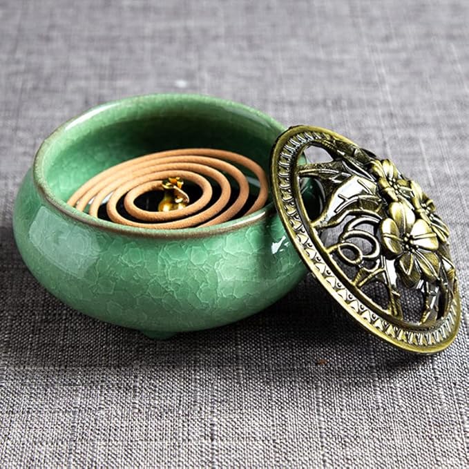 Colorful Ceramic Ice Cracked Incense Burner, Household Incense Holder, Zen Buddha Cone Coil Stick Incense Base with Cover (Green)