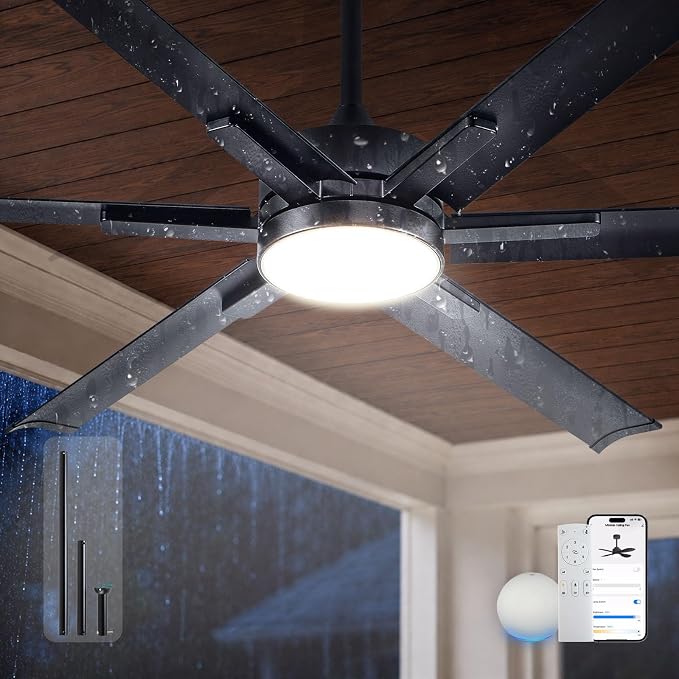 65 Inch IP64 Smart Aluminum Ceiling Fan with light, Alexa Voice Control | Durable PC Light Cover,6 Metal Black Blades and Up to 9110 High CFM Airflow,DC Motor for Outdoor Covered Patios Ceiling