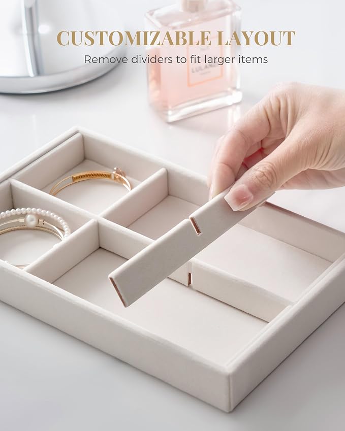 Lolalet Jewelry Drawer Organizer Inserts, Stackable Velvet Tray Jewelry Storage Organizers Set Display Cases for Necklaces Bracelets Earrings Rings Chains Bangles Watches, Beige, Set of 4