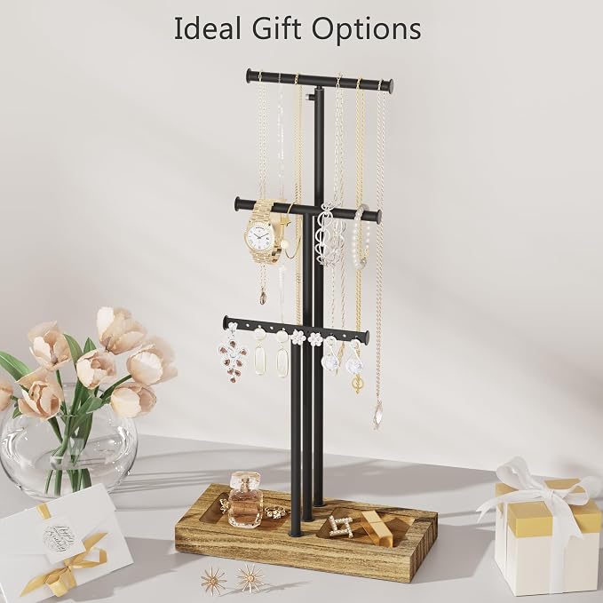 Love-KANKEI Jewelry Organizer 3-Tier,Adjustable Height,Carbonized Black | Metal Rod,Solid Wood Base,Easy to Install,Tree Style,Display Long Necklaces,Bracelets,Earrings,Rings,Watches,Bangles,Gift