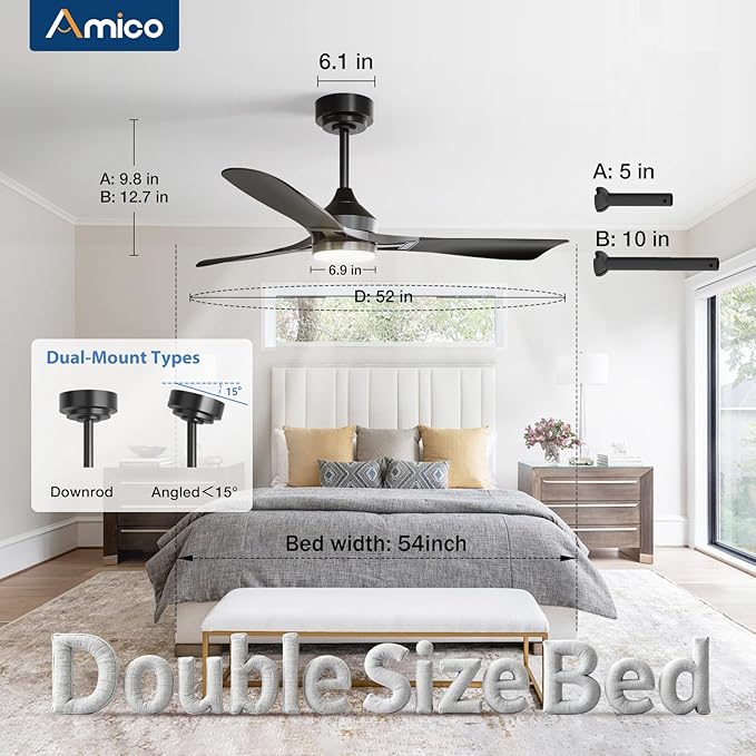Amico 52 Inch Ceiling Fan with Lights, Modern Black 3-Blade Ceiling Fan with Remote Control, Dimmable LED, 3CCT, Quiet Reversible Motor, Indoor/Outdoor for Patio, Living Room, Bedroom, Kitchen
