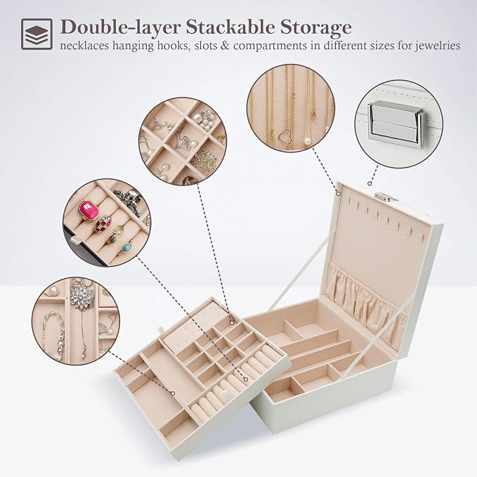 ProCase 2 Layers Jewelry Box for Women -White | Large Leather Jewelry Organizer Storage Case with Removable Pad for Earrings
