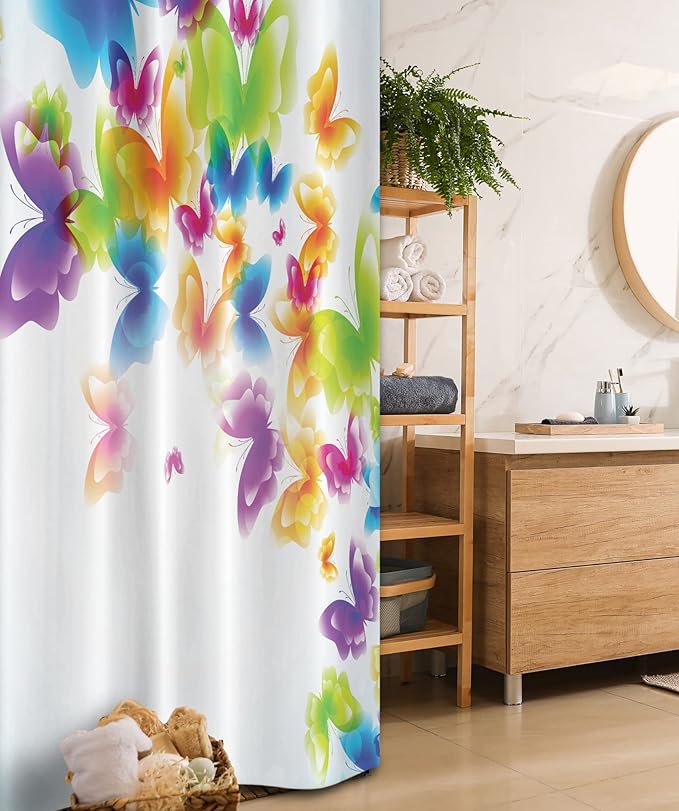 Ambesonne Butterfly Stall Shower Curtain, Group of Butterflies Band in Radiant Rainbow Colors Hope Summer Garden Art Print, Fabric Bathroom Decor Set with Hooks, 36" W x 72" L, Green Yellow